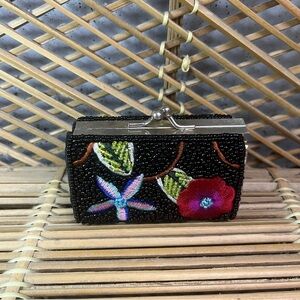 Vintage Beaded Black Floral Lipstick Makeup / Coin Case